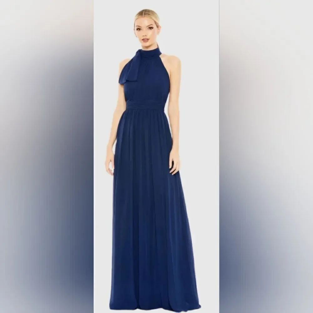 Mac Duggal 55035 High Neck Chiffon Gown NWT size 16 Navy Blue